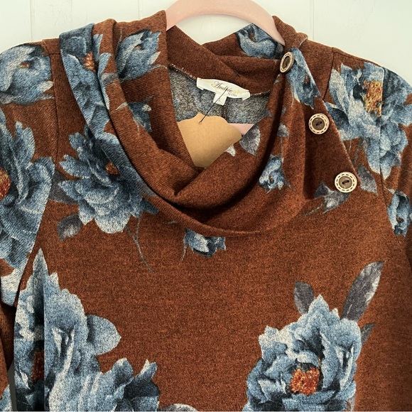 NEW Andree by Unit Brown Sweater Dress Blue Floral Cowl Neck Buttons Size L - Picture 8 of 15